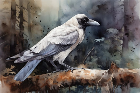 Watercolor painting of a white raven in the forestの素材