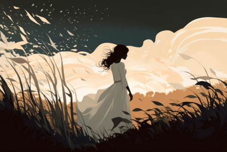Silhouette of one young girl in white dress in the meadow against a background of evening cloudy sky. Generative AI technologyの素材