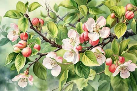Watercolor decorative painting of branch of flowering tree apple. Generative AI technologyの素材