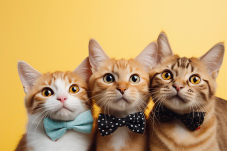 Photo portrait of three friendly young cats with bows on yellow background with text spaceの素材