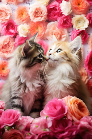 Pair cute little friendly kittens sit among flowersの素材