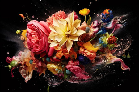 Decorative bunch of various colorful excellent flowers in stream dark waterの素材