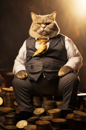 One greedy fat cat in costume sits among bulk of gold coinsの素材