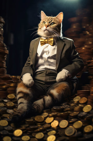 One rich business cat in costume sits on on heap of gold coinsの素材