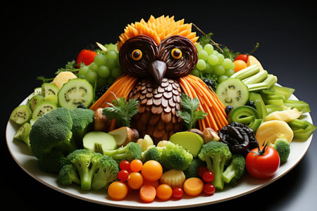 Beautiful still life with owl from vegetables, mushrooms, fruit on porcelain dishの素材