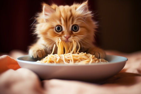 Hungry little red kitten eats heartily of pastaの素材