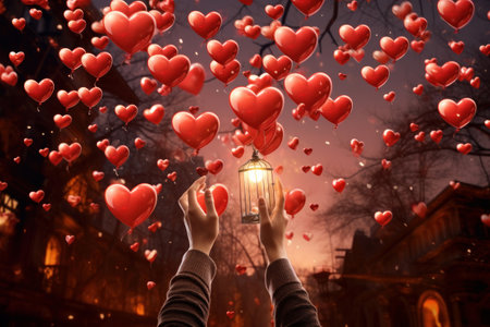 Hands hold magic lantern against a background of many red balloons in form of heartの素材