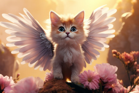 Cute winged wild kitten in the natureの素材