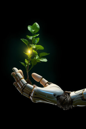 Natural green sprout in hand of robot isolated on dark backgroundの素材