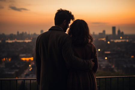 Silhouettes of man and woman against a background of evening cityの素材