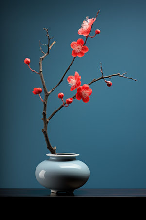 Graceful branch with blossom red flowers in light blue vase on blue backgroundの素材