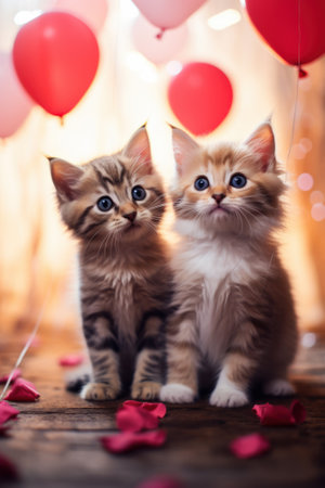 Pair cute kittens among red small air balls on festival backgroundの素材