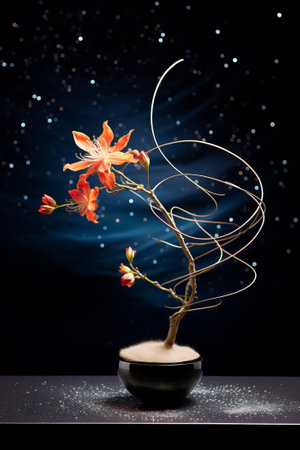 Decorative twig with red flowers in flowerpot against a background starry nightの素材