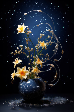 Beautiful decorative bouquet of yellow flowers in blue vase against the background of starlit nightの素材