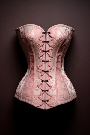 Beautiful pink female corset with pattern and lace isolated on dark backgroundの素材