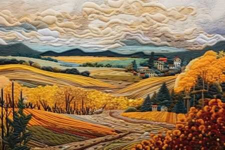 Embroidery picture of beautiful autumn landscape with a villageの素材