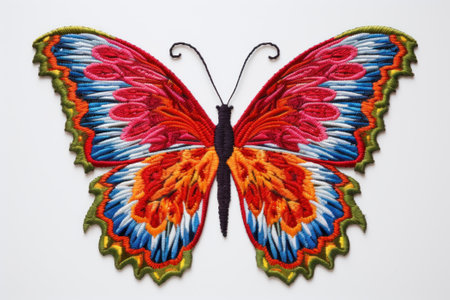 Colorful embroidery of butterfly isolated on white backgroundの素材