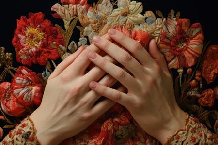 Skilled girls hands lying on beautiful floral embroideryの素材