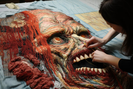 Skilful hands of needlewoman make interesting and terrible colorful skull in technique of patchworksの素材