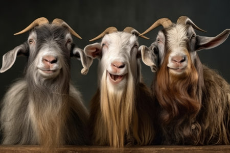 Group portrait of three domestic shaggy horned male goatsの素材