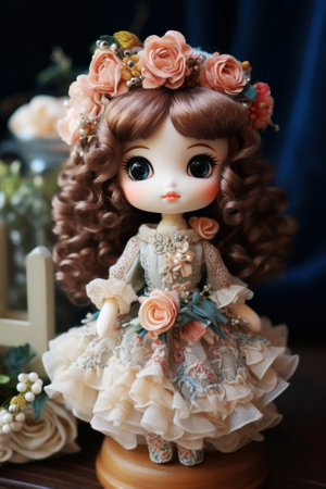 Charming very beautiful doll with long wavy hair in chic lace attire dressの素材
