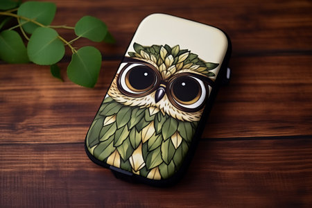 Eyeglass case with image of cute spectacles owl on wooden backgroundの素材