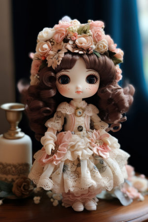 Charming very beautiful doll with long wavy hair in chic lace attire dressの素材