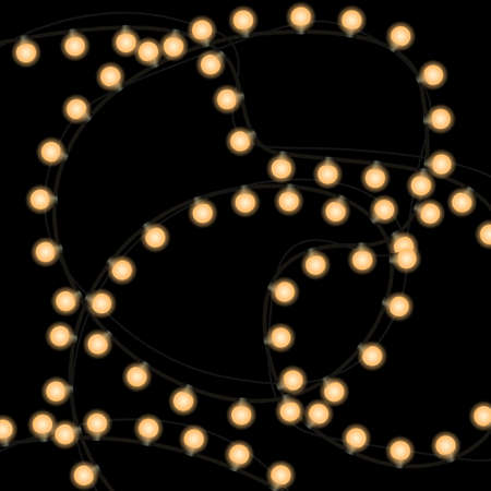 Christmas lights. Realistic bright Christmas and New Year garlands on a dark background. Vector illustration with light bulbs and glowing elements for festive decorationのイラスト素材