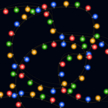 Christmas lights. Realistic bright Christmas and New Year garlands on a dark background. Vector illustration with light bulbs and glowing elements for festive decorationのイラスト素材