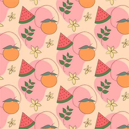 vector illustration with peaches, watermelon and plantsのイラスト素材