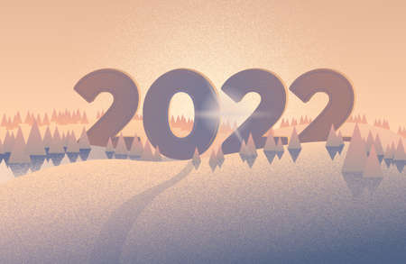 Christmas poster winter landscape, greeting card design New Year 2022 numbers typographyのイラスト素材