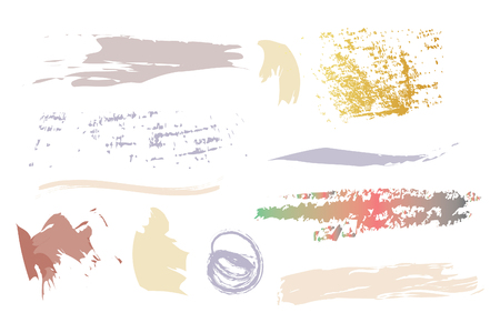 Set of colorful stains and strokes, circles and banners isolated on white background. Freehand drawing.のイラスト素材