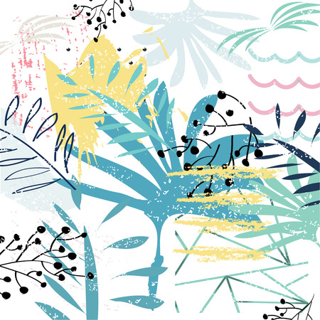 Creative card with abstract tropical backgrounds. Trendy hipster style. Bright yellow, blue colors....