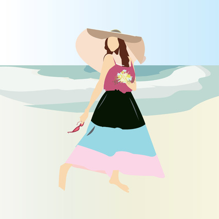 Girl resting on the beach. Summer retro cartoon illustration, trendy style, seascapeのイラスト素材