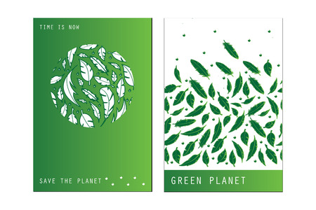 Set of trendy universal cards with green leaves and eco backgrounds. Organic design template. Earth day invitationsのイラスト素材