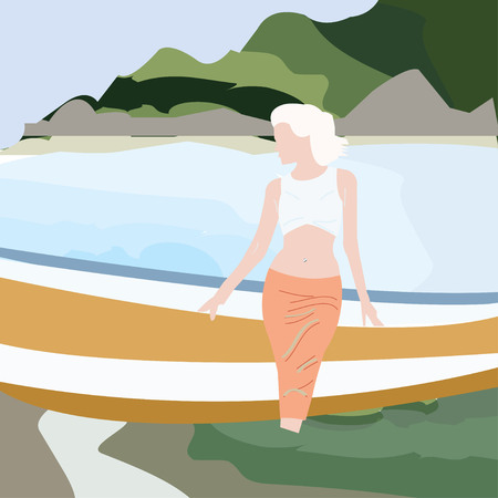 Girl resting on the beach. Summer retro cartoon illustration, trendy style, seascapeのイラスト素材