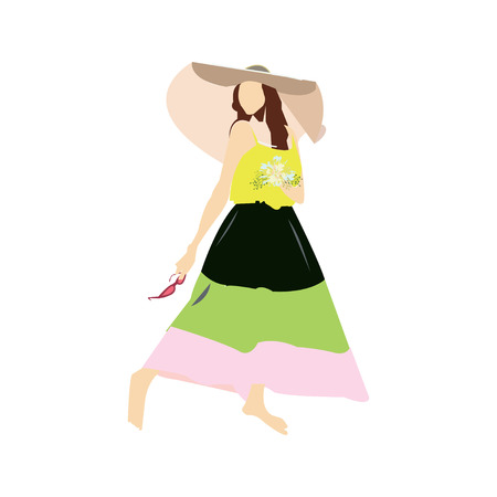 Girl resting on the beach. Summer retro cartoon illustration, trendy style, seascapeのイラスト素材