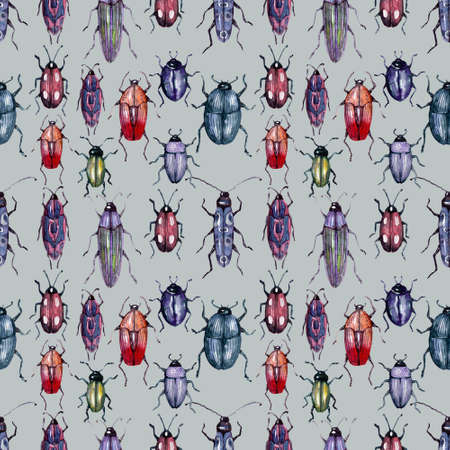 Watercolor background drawing collection of beetlesの写真素材