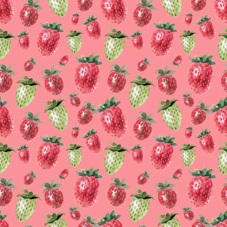 Watercolor seamless pattern with ripe strawberries