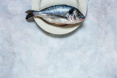 Fresh dorado fish on white dish on white table. Top view, copy space.	の写真素材