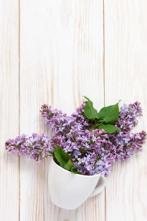 A bouquet of fresh fragrant lilac in a white porcelain cup on a white wooden background.の写真素材