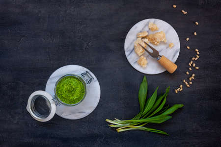 Fresh homemade wild garlic pesto made with Bear Leek herbs,  delicious savory sauce for Italian pasta and ingredients for its cookingの写真素材