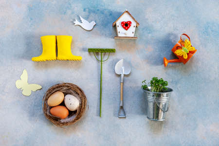 Easter and spring decor on blue backgroundの写真素材