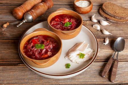 Traditional homemade Russian beetroot soup borschtの写真素材