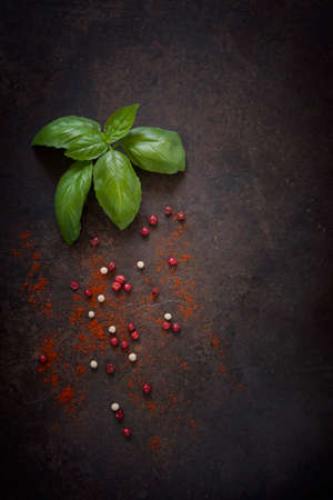 Close-up photo of fresh basil and spices. Top view on dark concrete table backgroundの写真素材