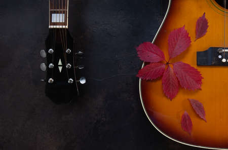 Acoustic guitar and red autumn leaves on dark brown backgroundの写真素材