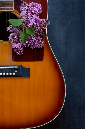 Acoustic guitar and lilac branch on dark gray background. Top view, close up, copy space