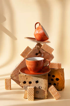 Trendy still life with old bricks, dried plants, balancing cup of coffee and cookies. Previously used objects in modern living space. Zero Waste Principleの写真素材