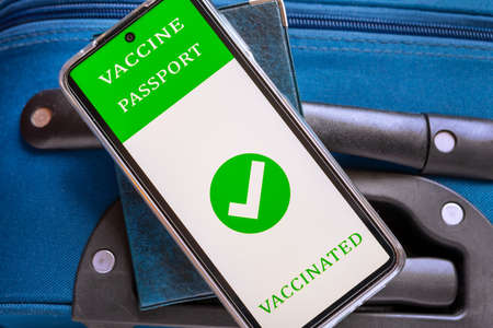 Personal identity document, travel luggage handbag and digital vaccine passport identification in mobile phone. New normal travel conceptの写真素材