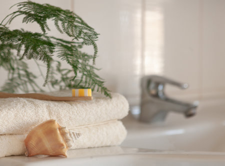 Cockleshell, Bath white cotton towels and bamboo toothbrush on Blurred bathroom interior background with sink and faucetの写真素材
